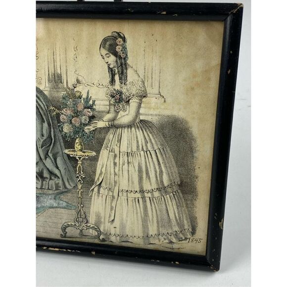 1845 Antique Victorian Ladies Framed Print 6.5in L x 10.5in W BQ1687 - Picture 2 of 8